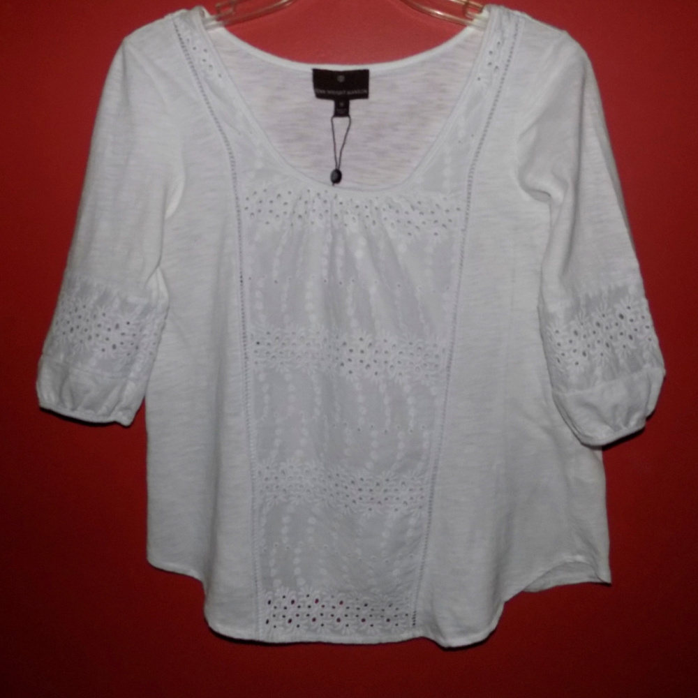 New white peasant blouse M Eyelet panel Pure cotton Scoop neck Loose Light Shirt